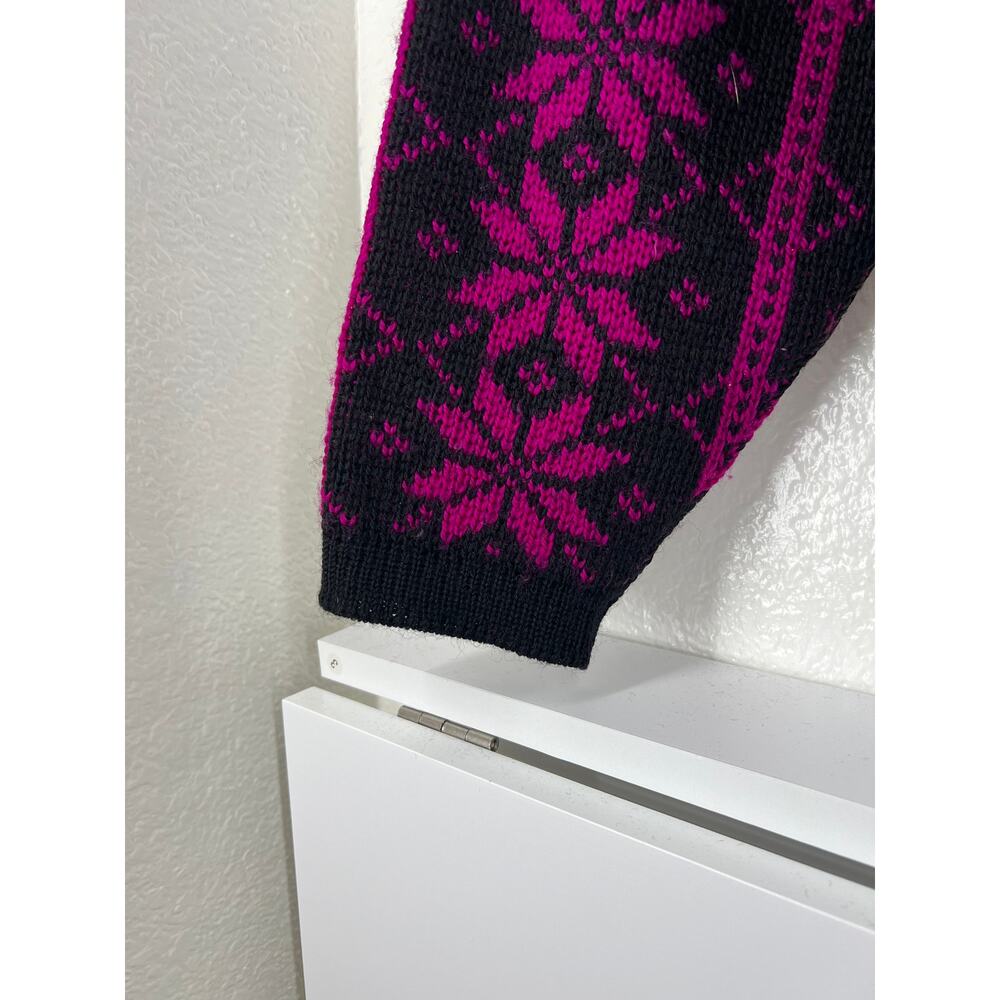 Nordstrikk Norway Sweater Women Large Virgin Wool Black Fuchsia Floral Pullover - Picture 6 of 14